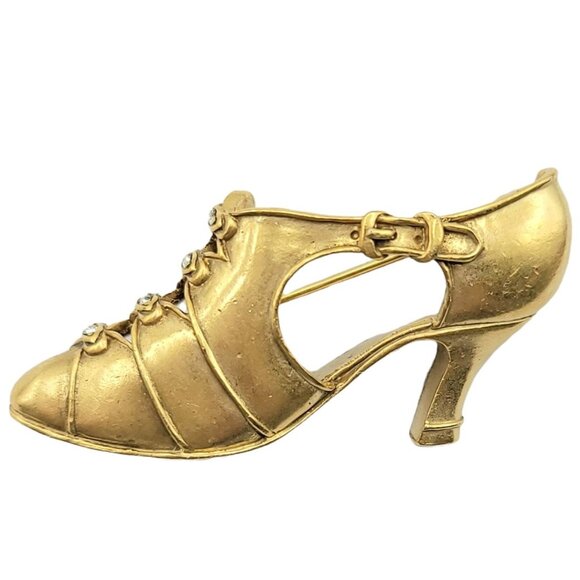 MMA Matte Goldtone Clear Rhinestone Shoe With Buckle Brooch - Picture 1 of 10